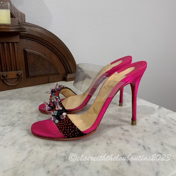 Louboutin Speleola 100 Pink Satin Rhinestone Crystal PVC Mules size 35